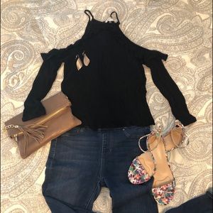 Black shoulder cut out long sleeve blouse